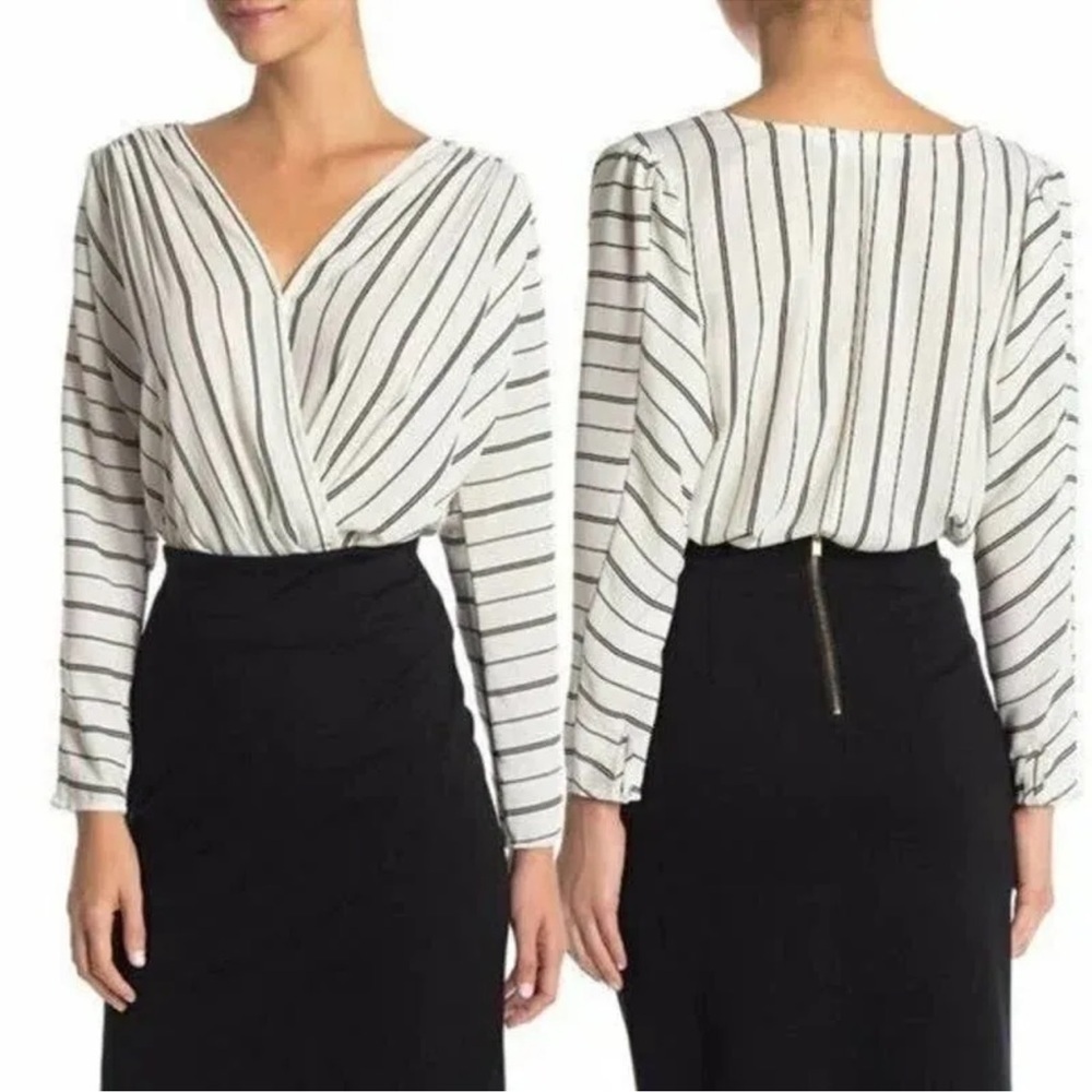 ASTR The Label Women's Striped Wrap‎ Front Bodysuit White Black Small